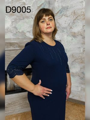 Сукня нарядна оздобленна камінням та перфорацією темно-синього кольору