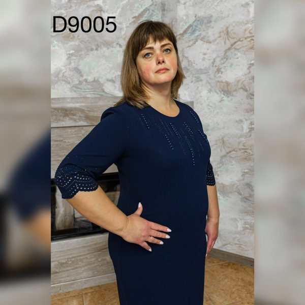 Сукня нарядна оздобленна камінням та перфорацією темно-синього кольору